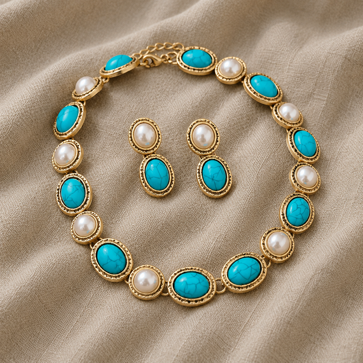 Antique Gold Necklace Set with Turquoise and Pearls