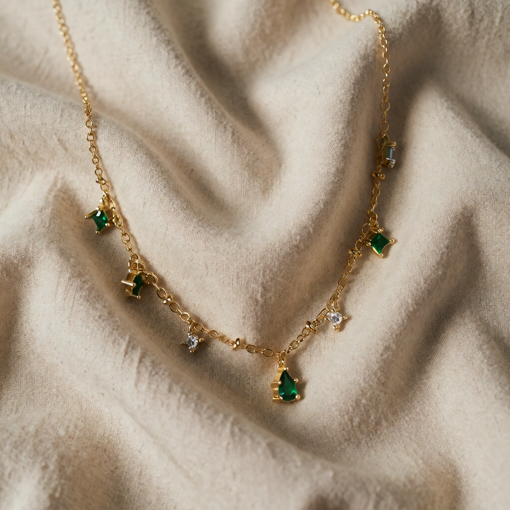 Gold Charm Necklace Eithne with Emeralds