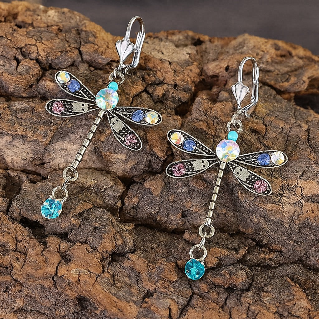 Silver Drop Earrings Gobnait with Dragonfly Motif