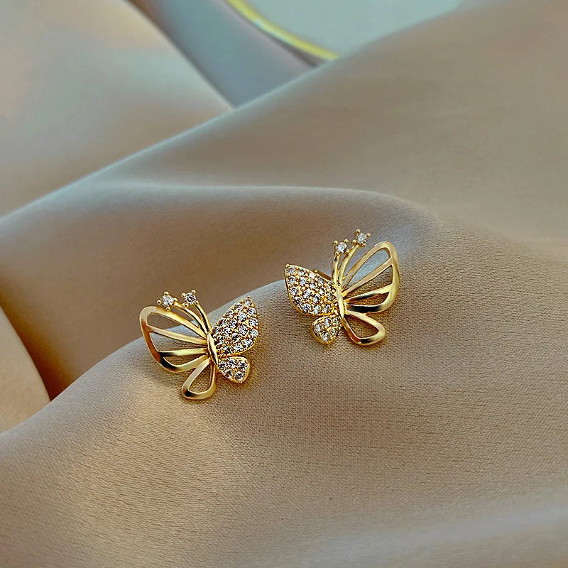 Gold Stud Earrings Treasa with Crystal Butterfly