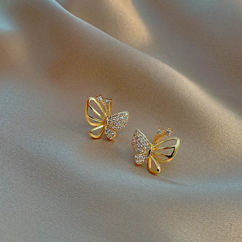 Gold Stud Earrings Treasa with Crystal Butterfly