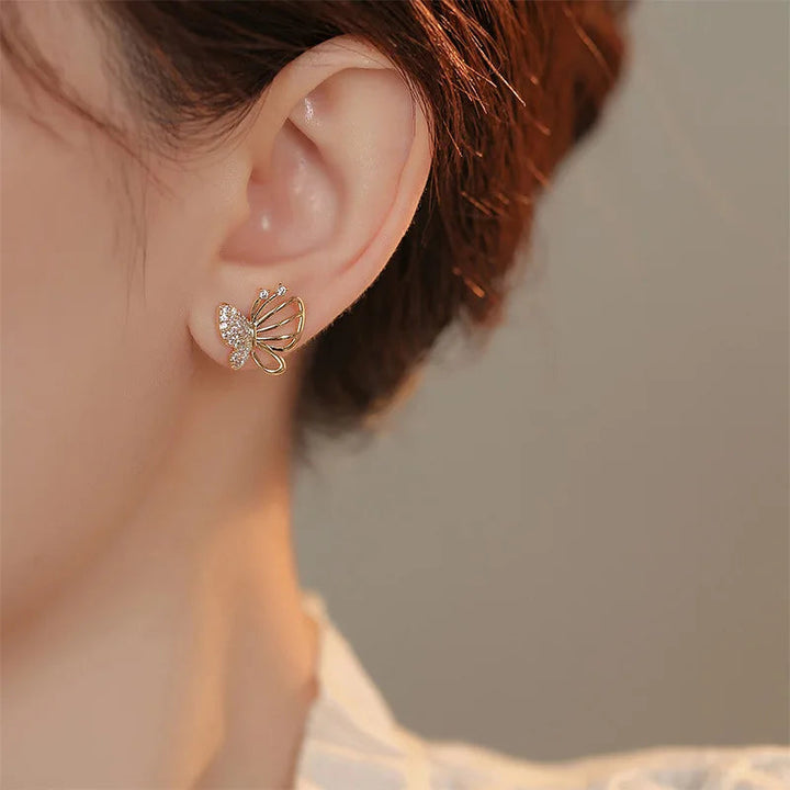 Gold Stud Earrings Treasa with Crystal Butterfly