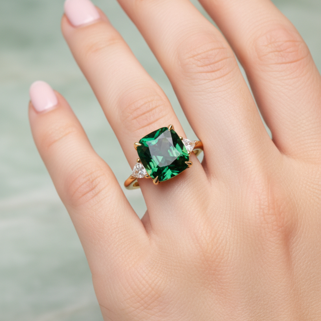 Elegant Square Ring with Emerald-Green Stone