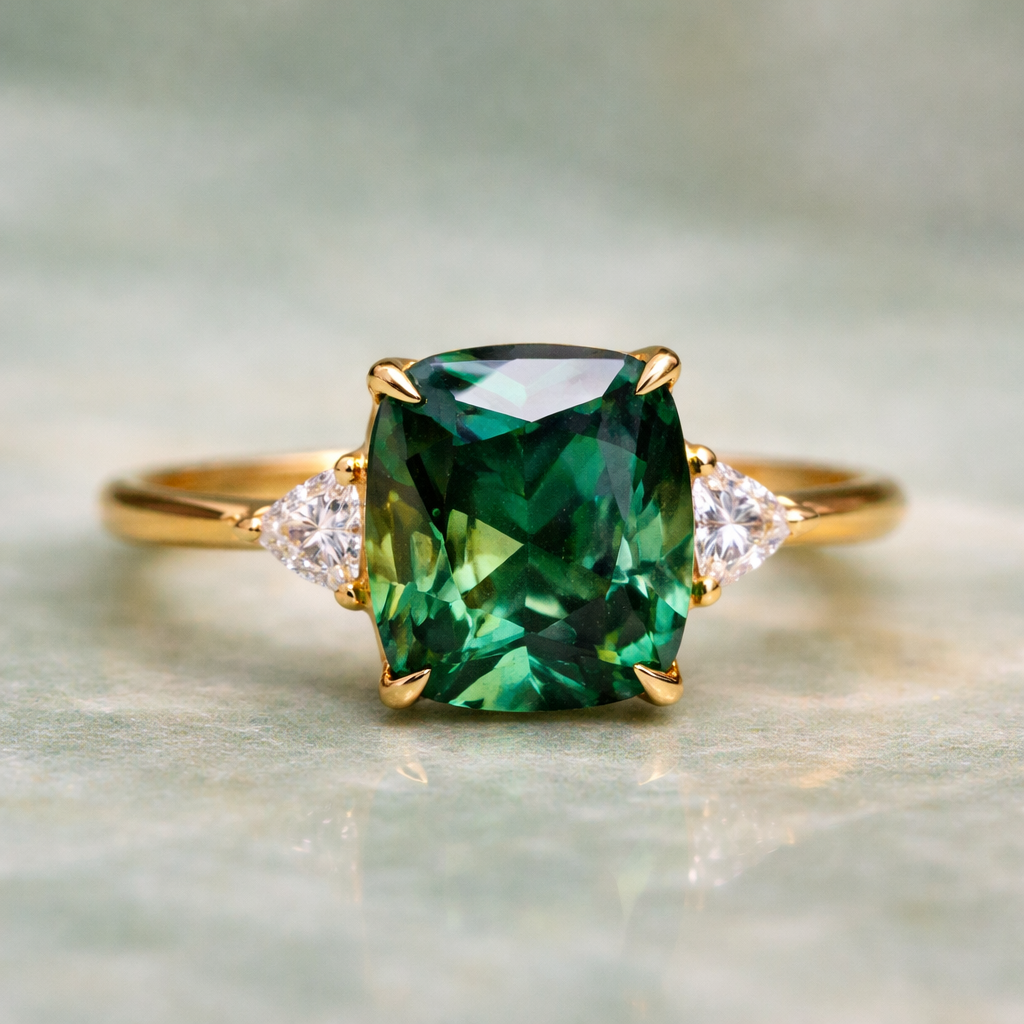 Elegant Square Ring with Emerald-Green Stone