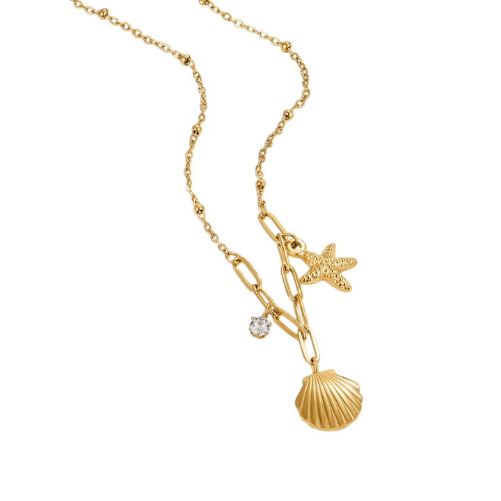 Gold Charm Necklace Eithne with Shell and Starfish
