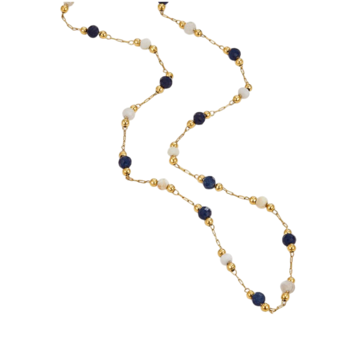 Gold Beaded Necklace Íde with Blue and White Beads