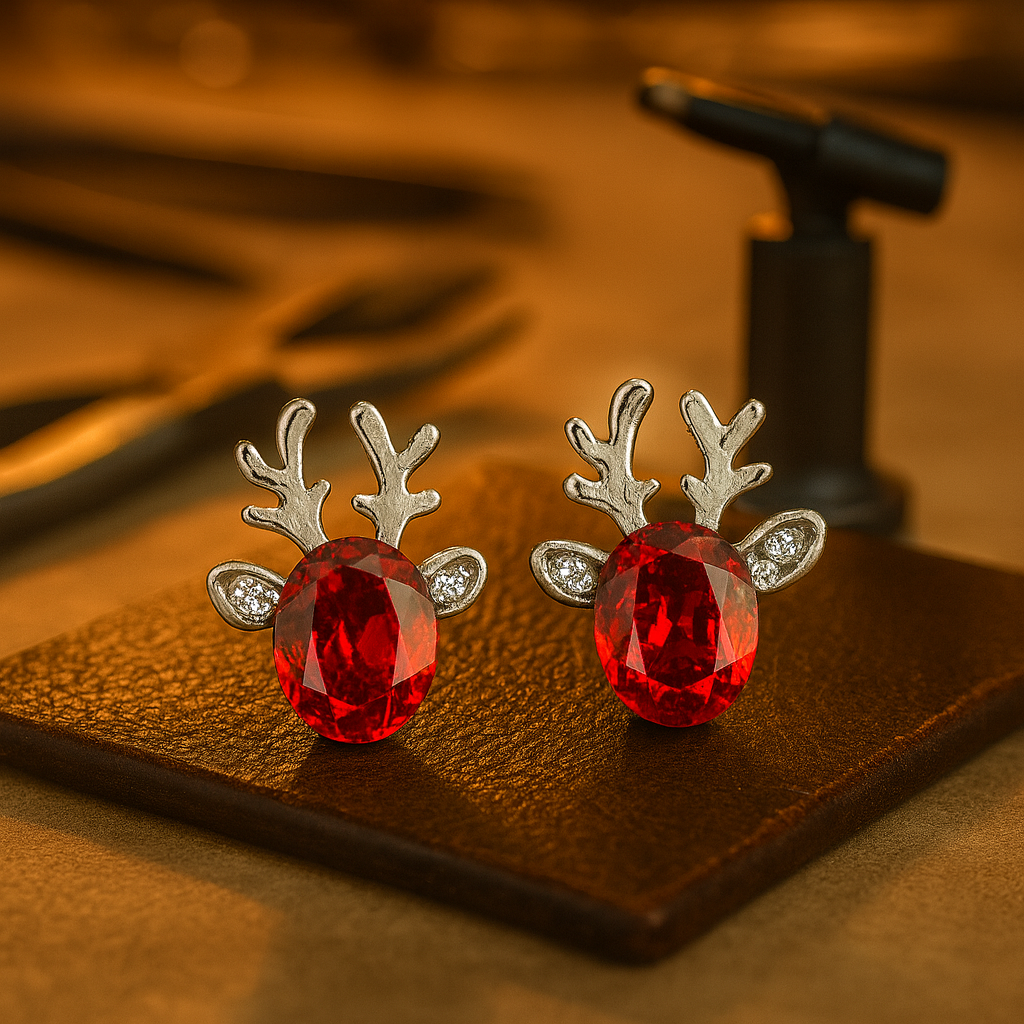 Silver Stud Earrings with Reindeer and Red Crystal