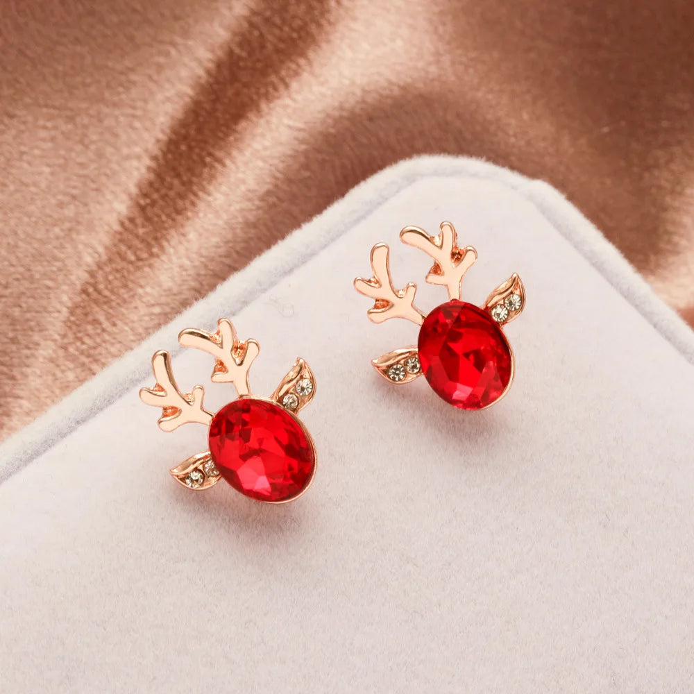 Silver Stud Earrings with Reindeer and Red Crystal