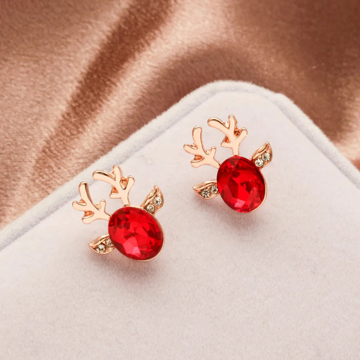 Silver Stud Earrings with Reindeer and Red Crystal