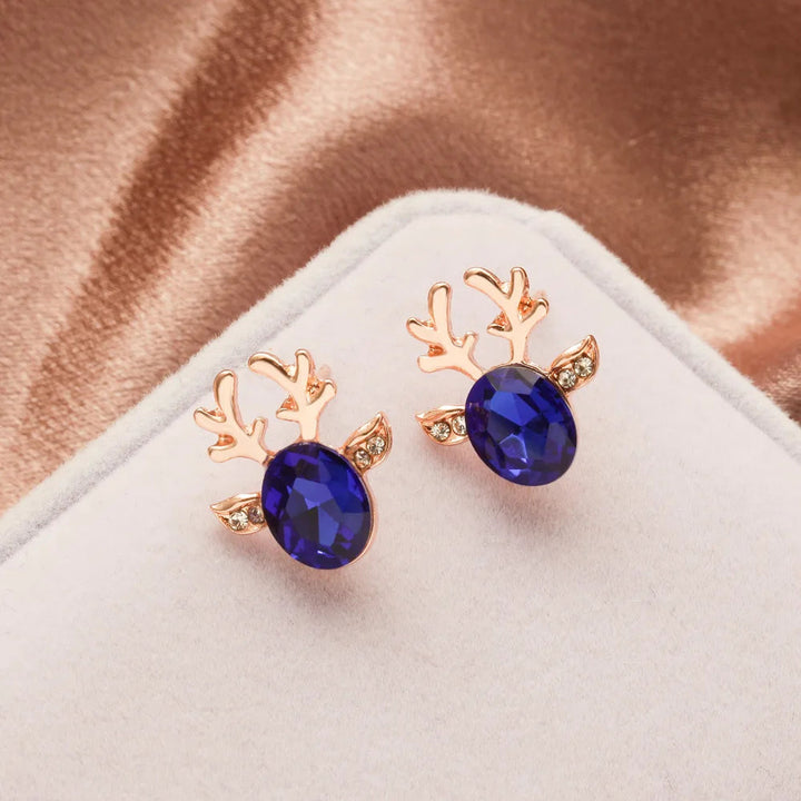 Silver Stud Earrings with Reindeer and Red Crystal