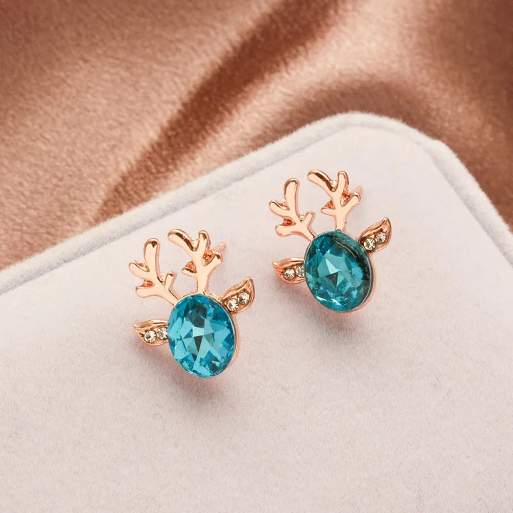 Silver Stud Earrings with Reindeer and Red Crystal