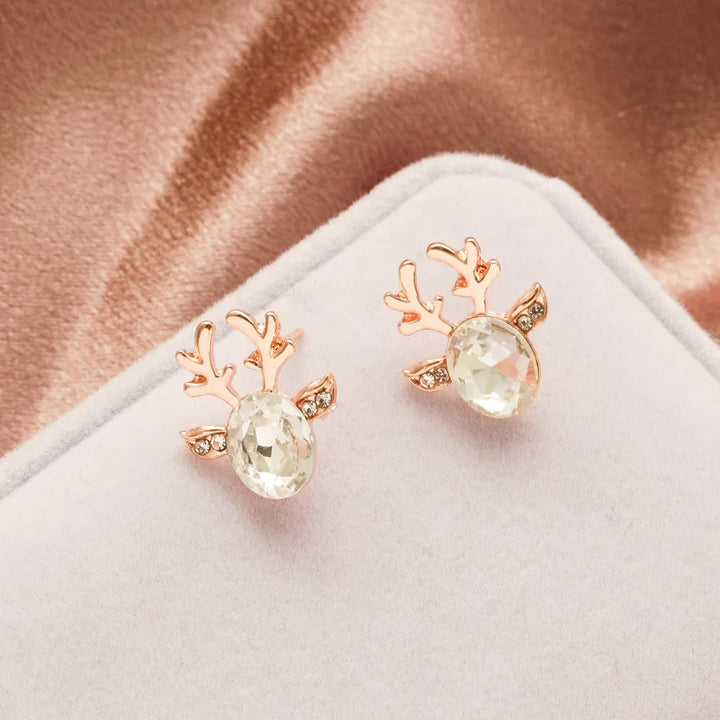 Silver Stud Earrings with Reindeer and Red Crystal
