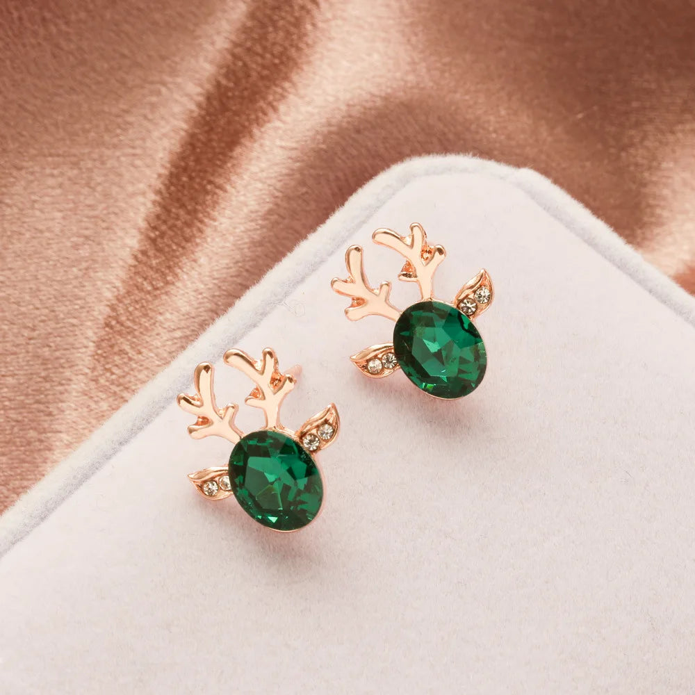 Silver Stud Earrings with Reindeer and Red Crystal