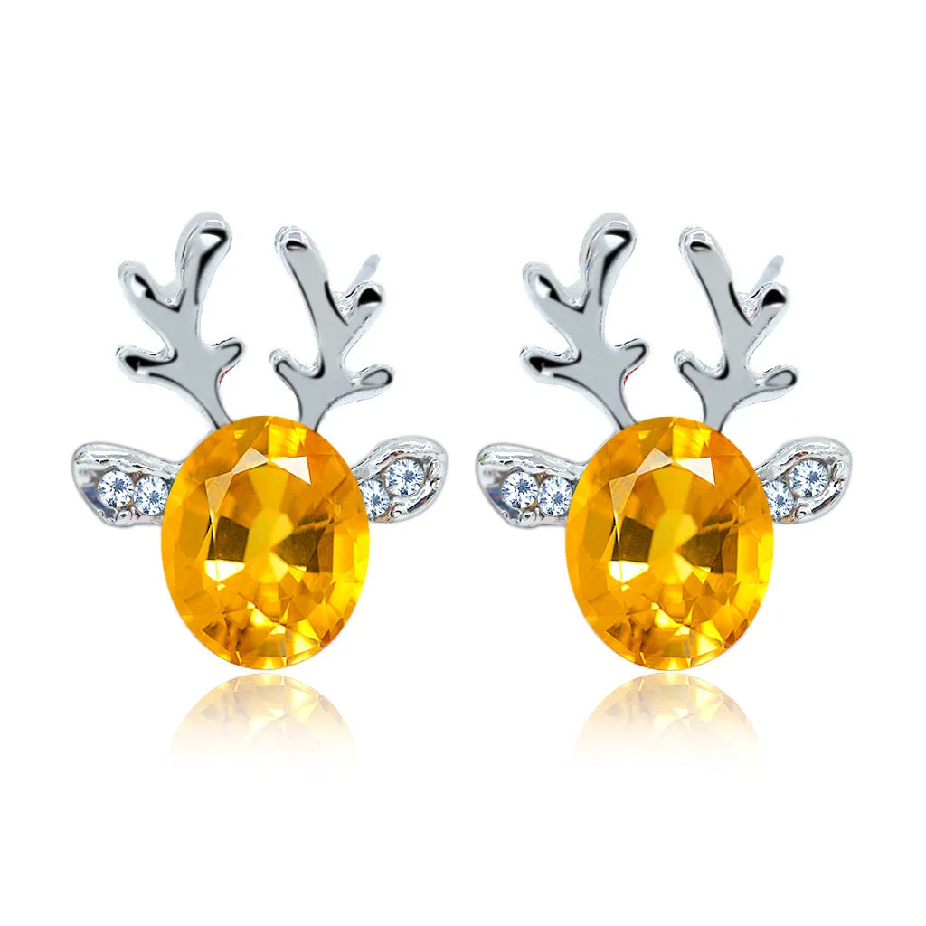 Silver Stud Earrings with Reindeer and Red Crystal