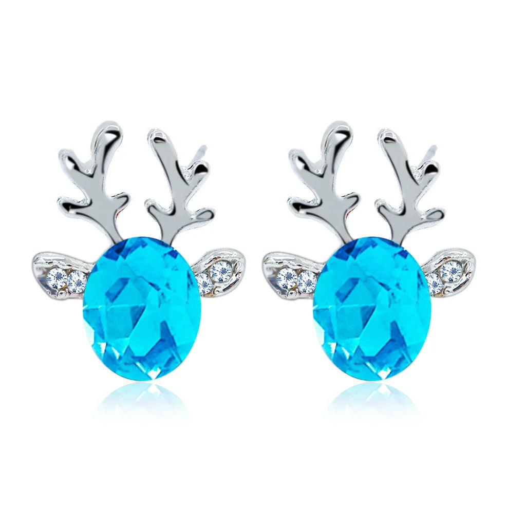 Silver Stud Earrings with Reindeer and Red Crystal