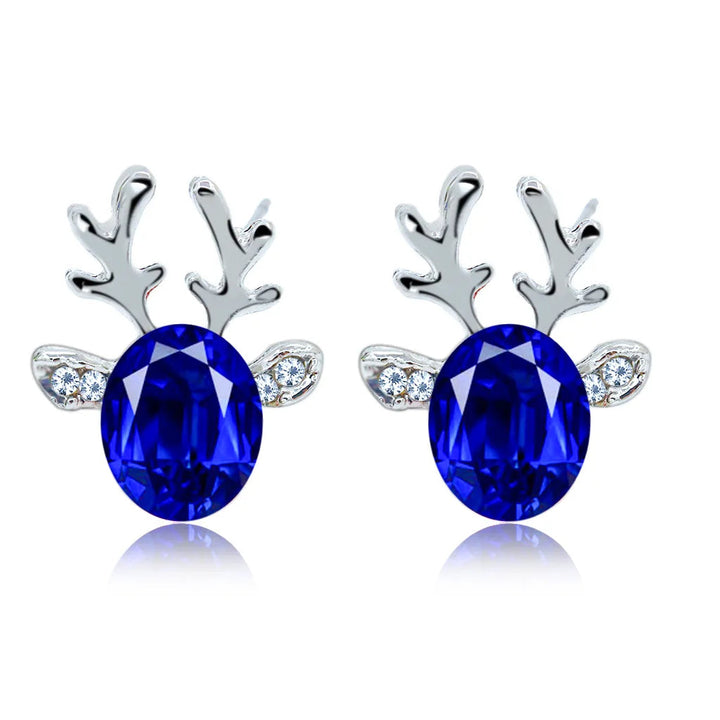 Silver Stud Earrings with Reindeer and Red Crystal