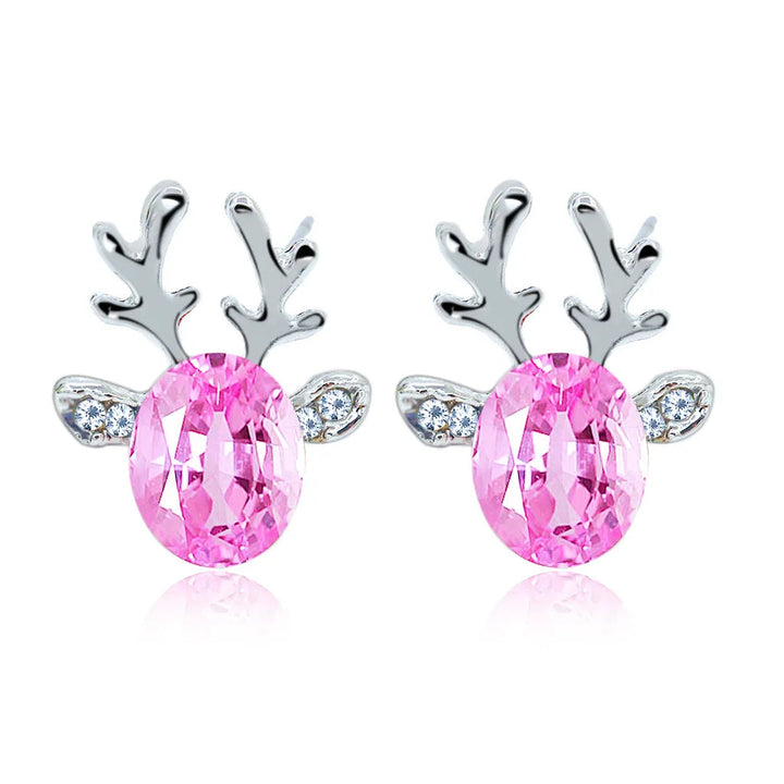 Silver Stud Earrings with Reindeer and Red Crystal