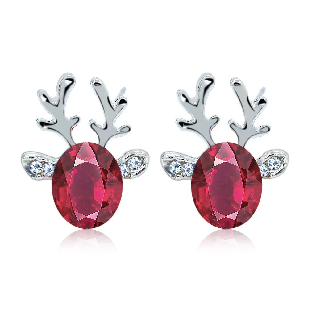 Silver Stud Earrings with Reindeer and Red Crystal