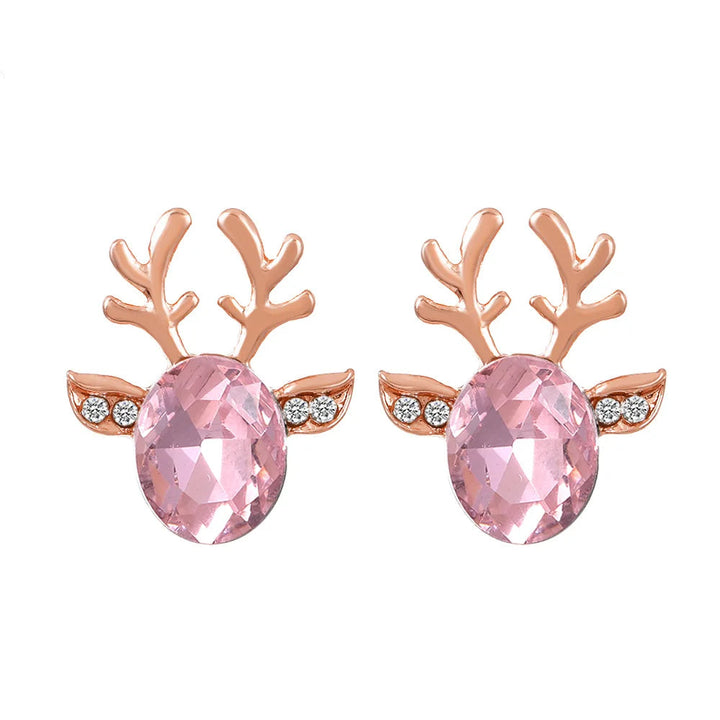 Silver Stud Earrings with Reindeer and Red Crystal