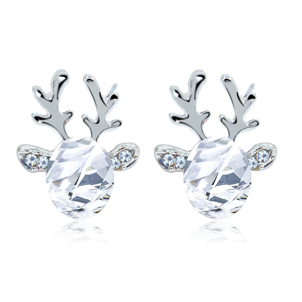 Silver Stud Earrings with Reindeer and Red Crystal