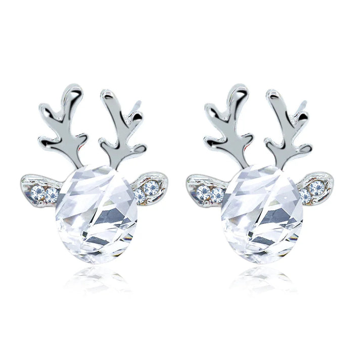 Silver Stud Earrings with Reindeer and Red Crystal