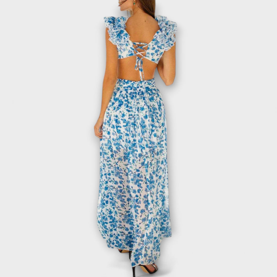 Elin - Rosa Maxikleid mit Rüschen und Cut-Outs
