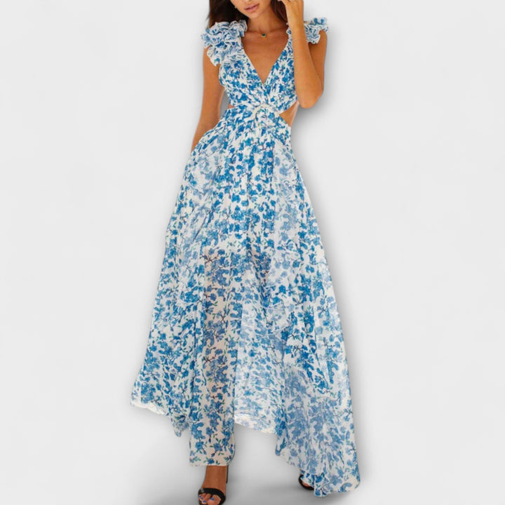 Elin - Rosa Maxikleid mit Rüschen und Cut-Outs