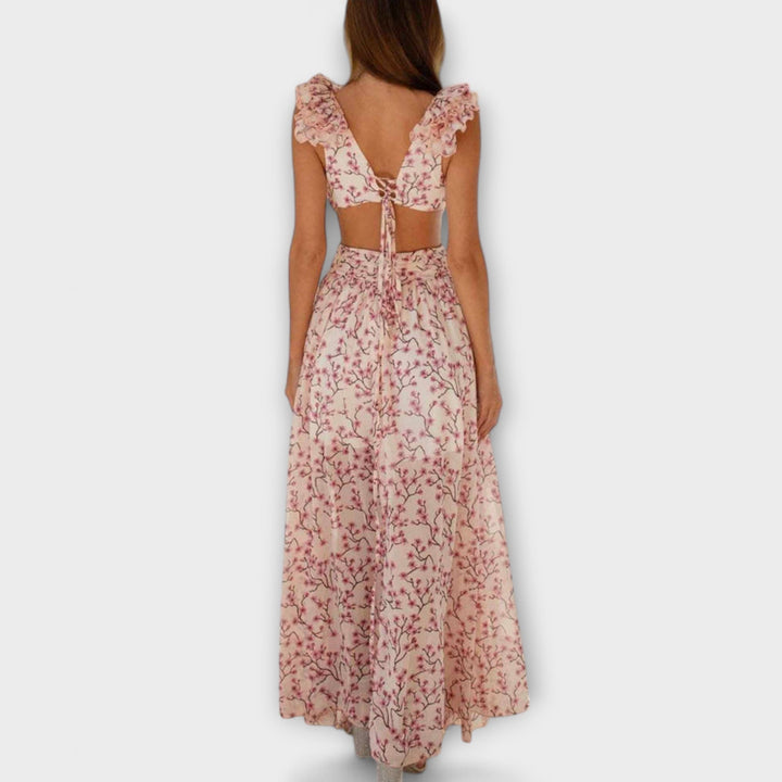 Elin - Rosa Maxikleid mit Rüschen und Cut-Outs