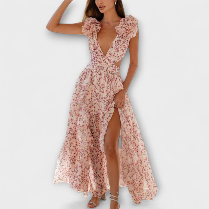 Elin - Rosa Maxikleid mit Rüschen und Cut-Outs