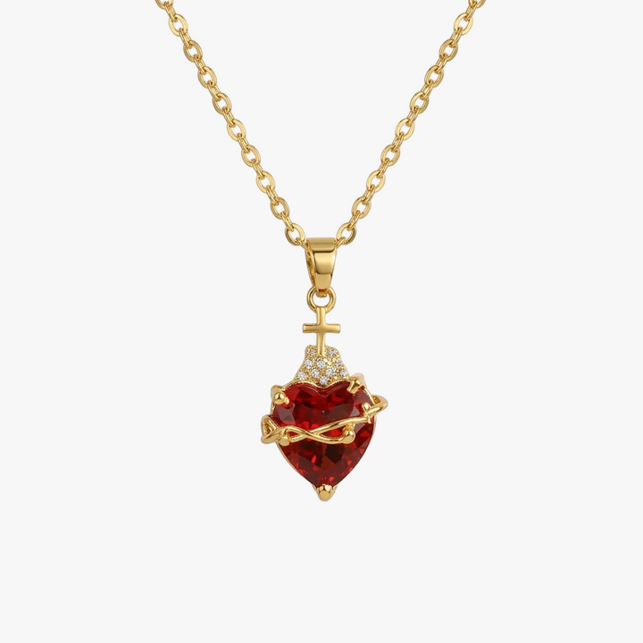 Gold-Plated Necklace with Sacred Heart and Red Garnet
