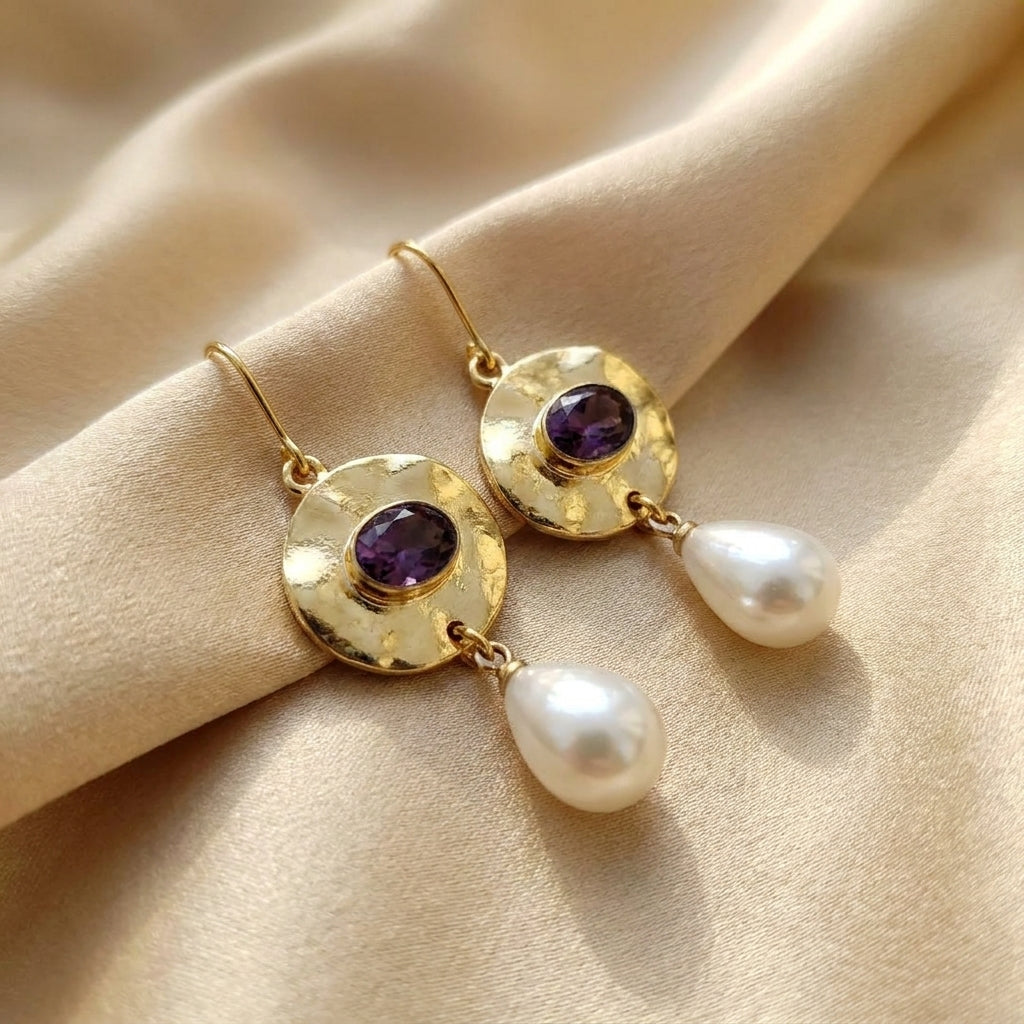Gold Drop Earrings Dingle with Amethyst and Pearl