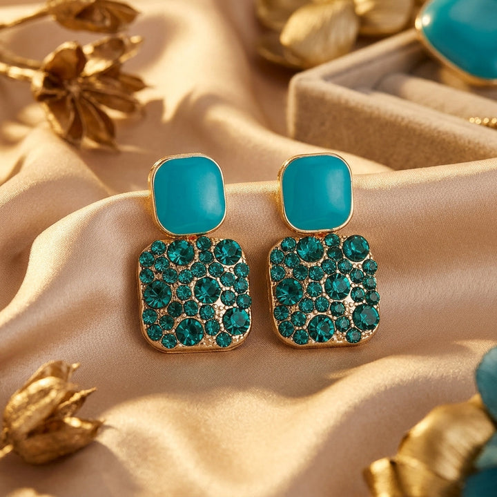 Gold Drop Earrings with Turquoise and Green Crystals