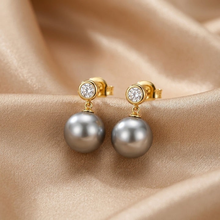 Gold Drop Earrings Treasa with Grey Pearl and Zirconia