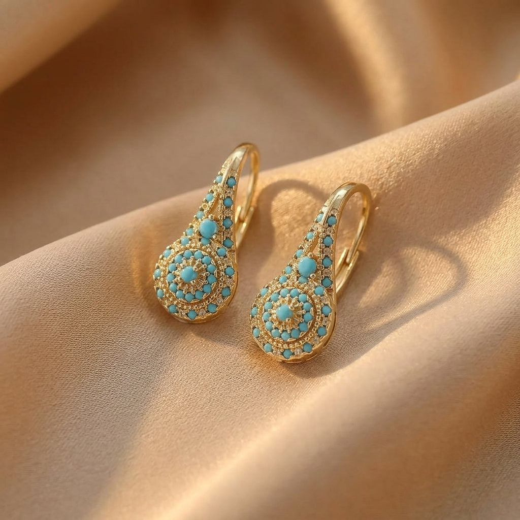 Gold Drop Earrings Sorcha with Turquoise Mandala