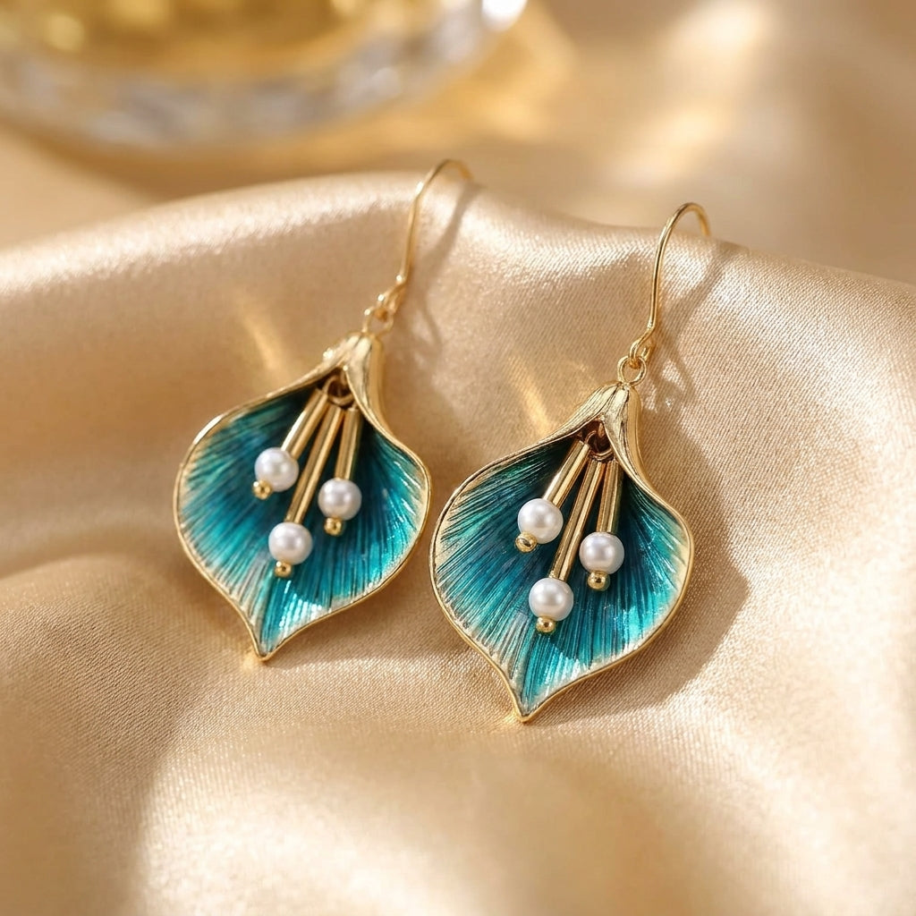 Gold Drop Earrings Deirbhile with Blue Lily and Pearls