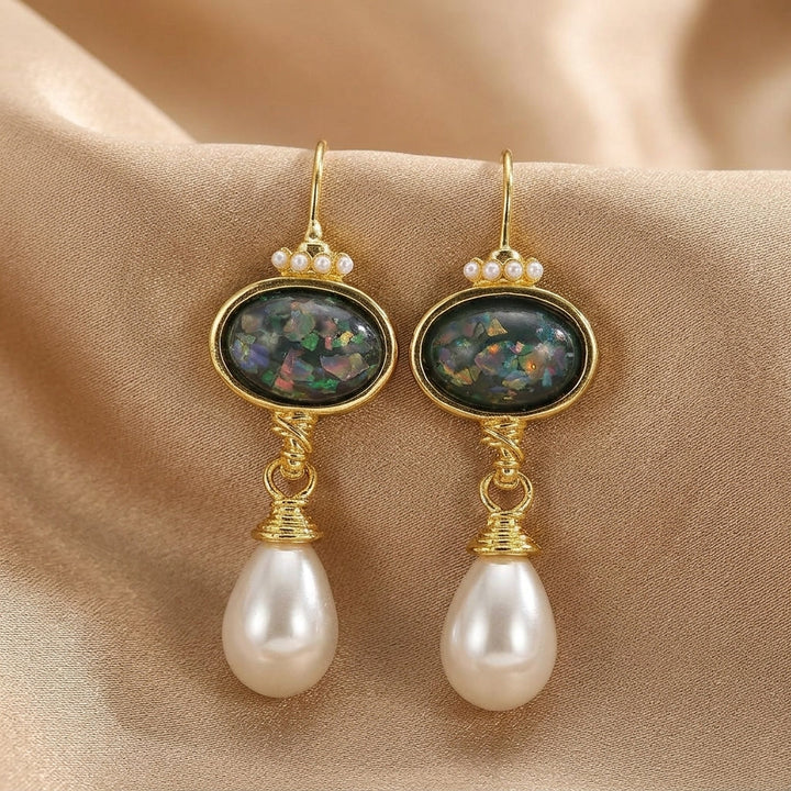 Gold Drop Earrings Siobhán with Opal and Pearl