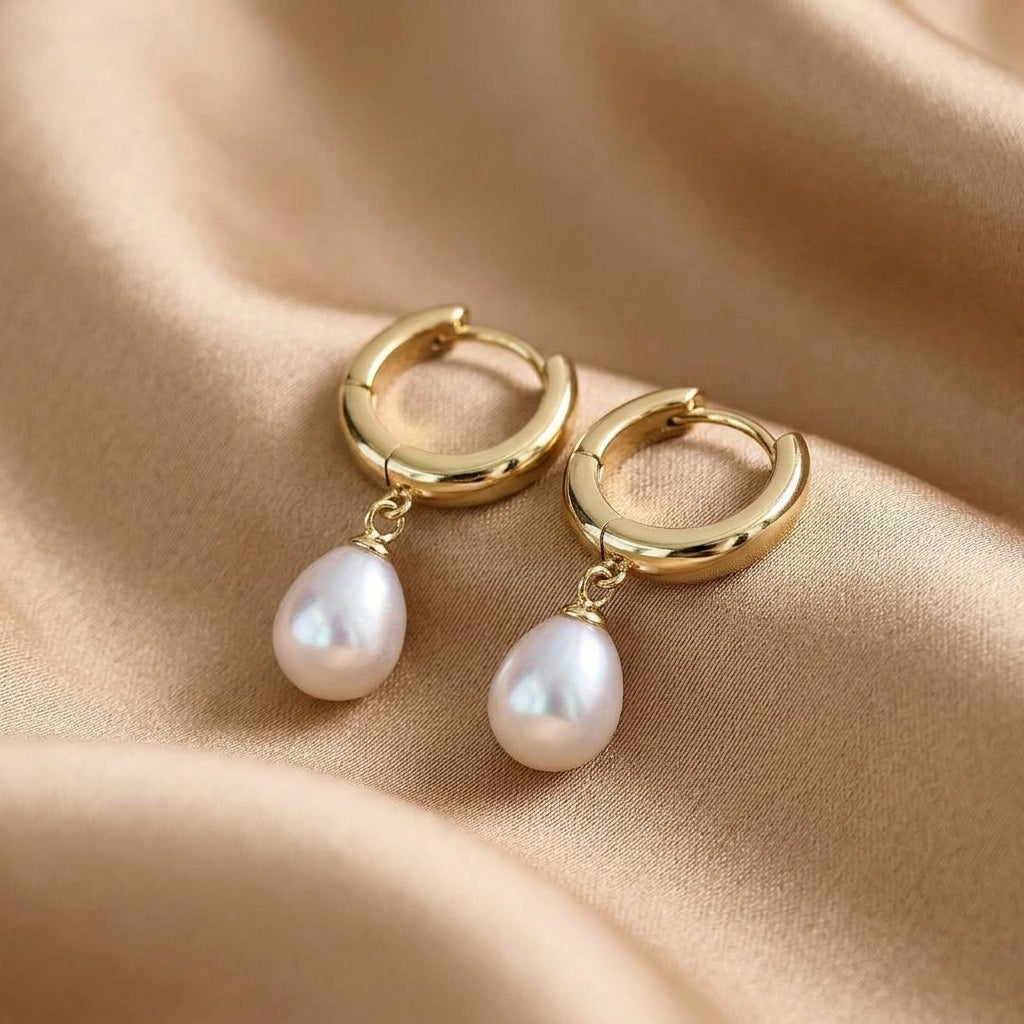 Gold Huggie Earrings Treasa with Pearl Drop