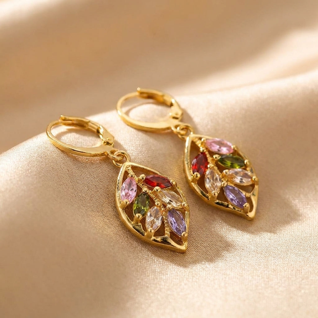 Gold Drop Earrings Galway with Multicoloured Crystals