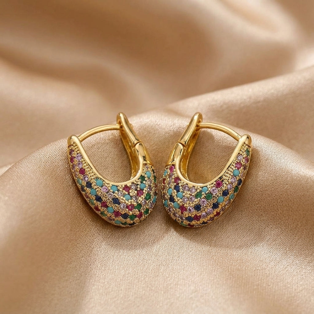 Gold Huggie Earrings Westport with Multicolour Crystals