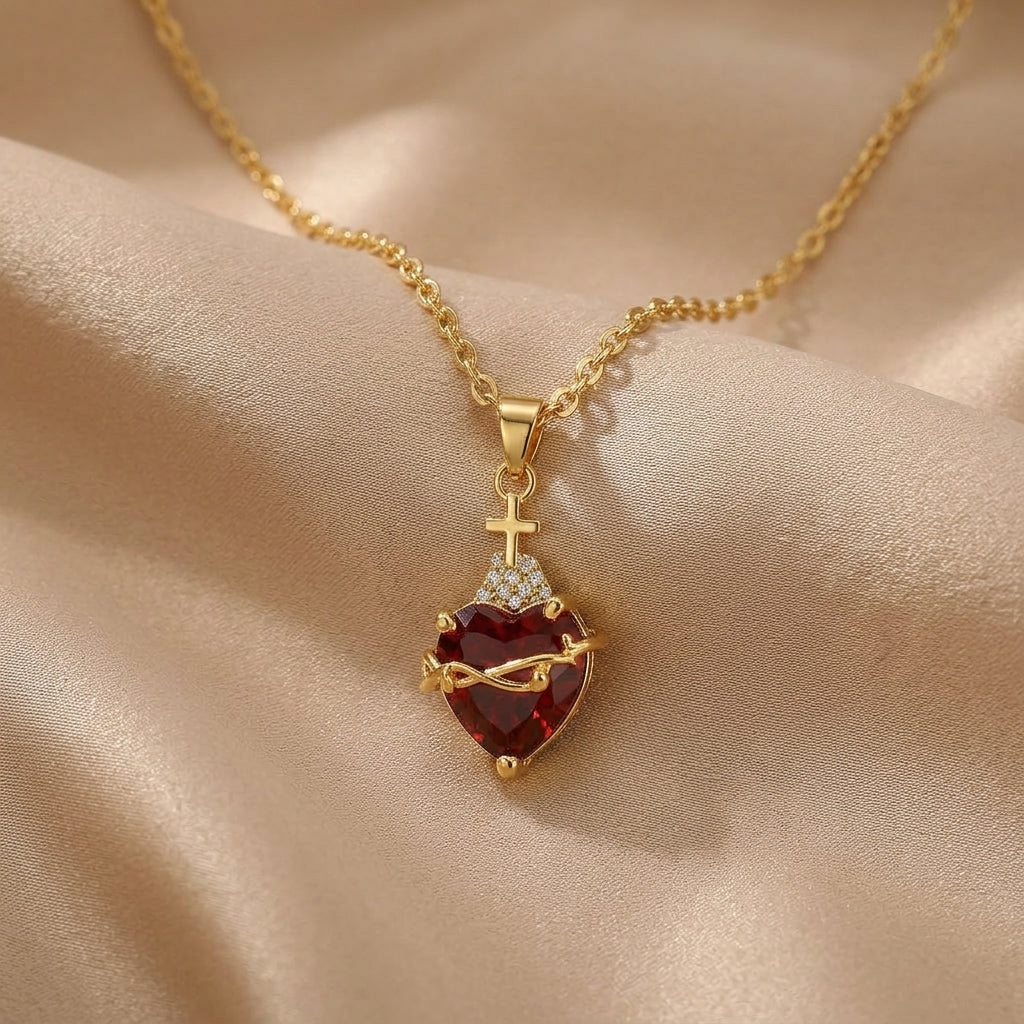 Gold-Plated Necklace with Sacred Heart and Red Garnet