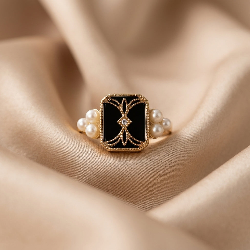 Gold Vintage Ring Eithne with Onyx and Pearls