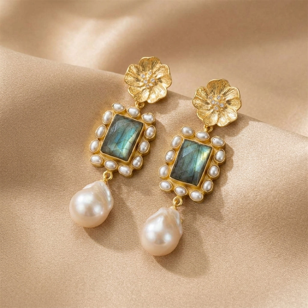 Gold Flower Drop Earrings with Labradorite and Pearl