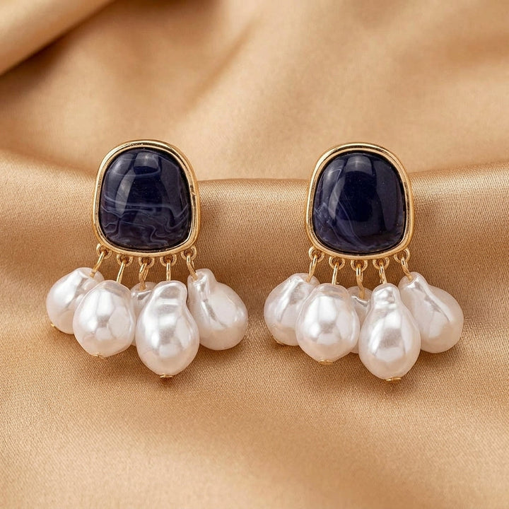 Gold Drop Earrings with Navy Cabochon and Pearl Fringe