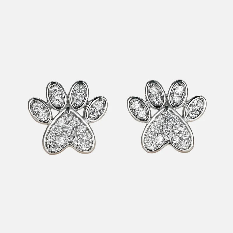 White Zirconia Paw Studs – Heart-Shaped Design