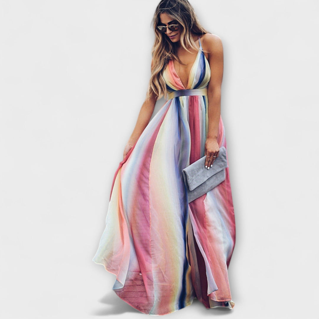 Mehrfarbig gestreiftes Maxikleid mit V-Ausschnitt