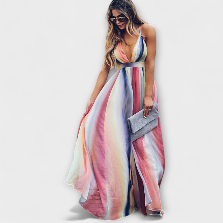 Mehrfarbig gestreiftes Maxikleid mit V-Ausschnitt