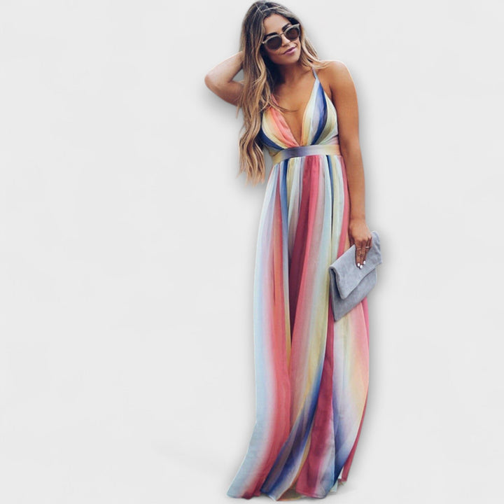 Mehrfarbig gestreiftes Maxikleid mit V-Ausschnitt