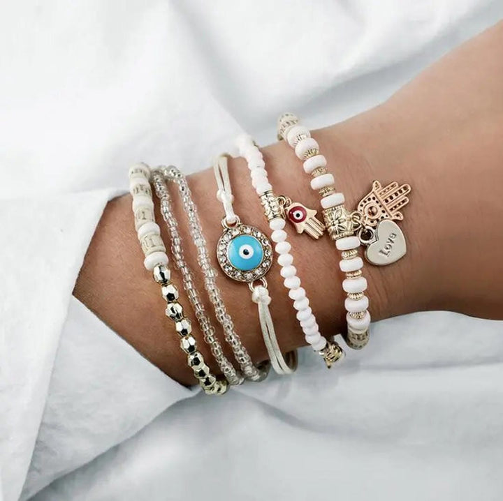 White Beaded Bracelet Set with Hamsa Hand and Evil Eye