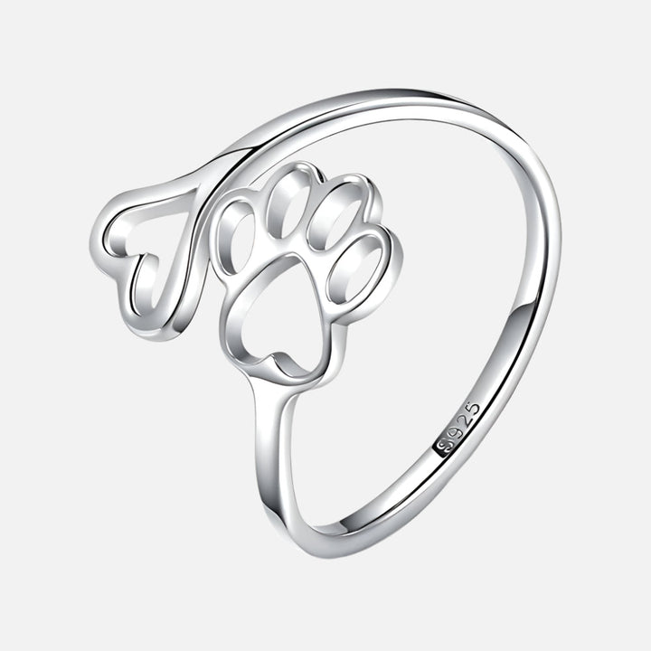 Sterling Silver Adjustable Ring Emer with Paw and Heart