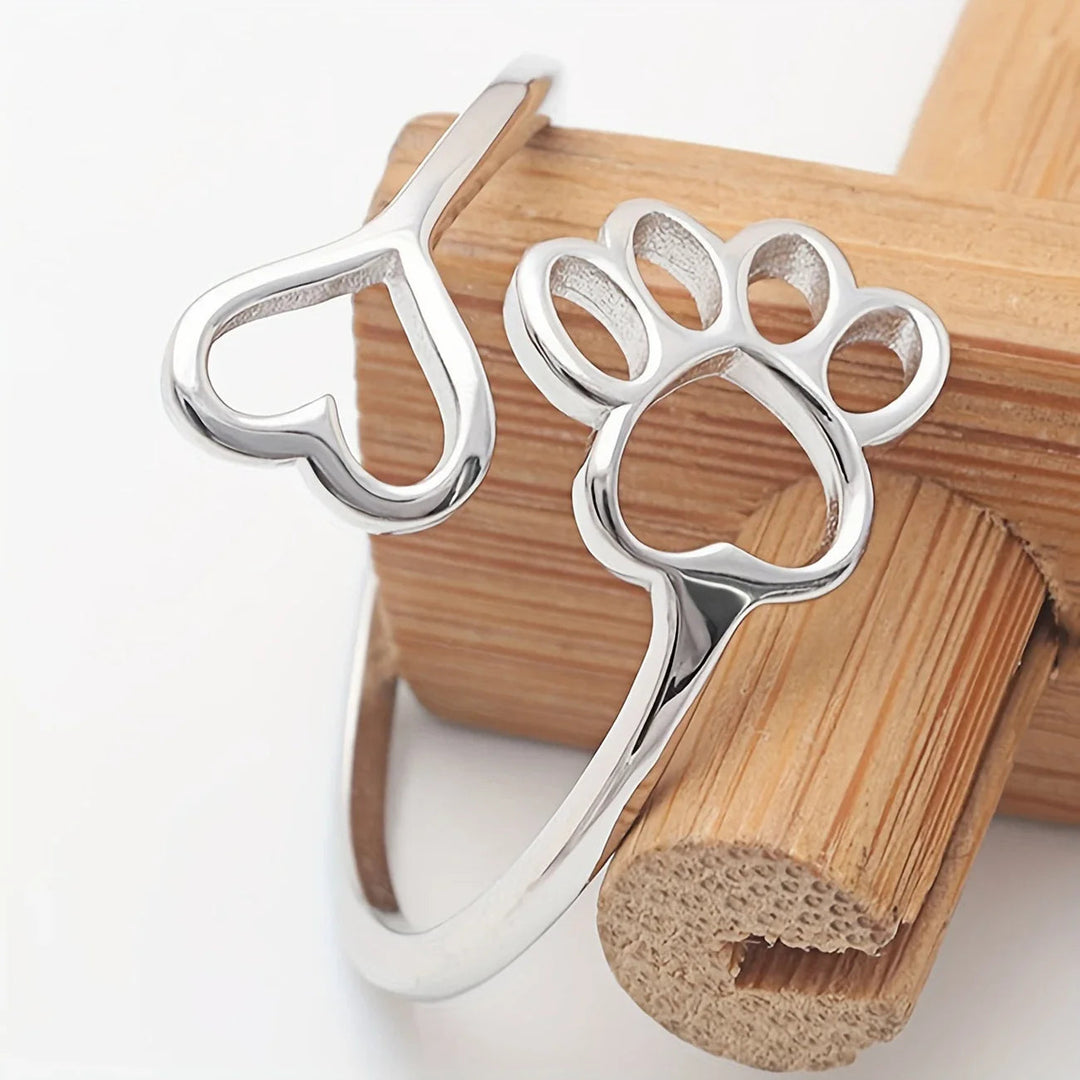 Sterling Silver Adjustable Ring Emer with Paw and Heart